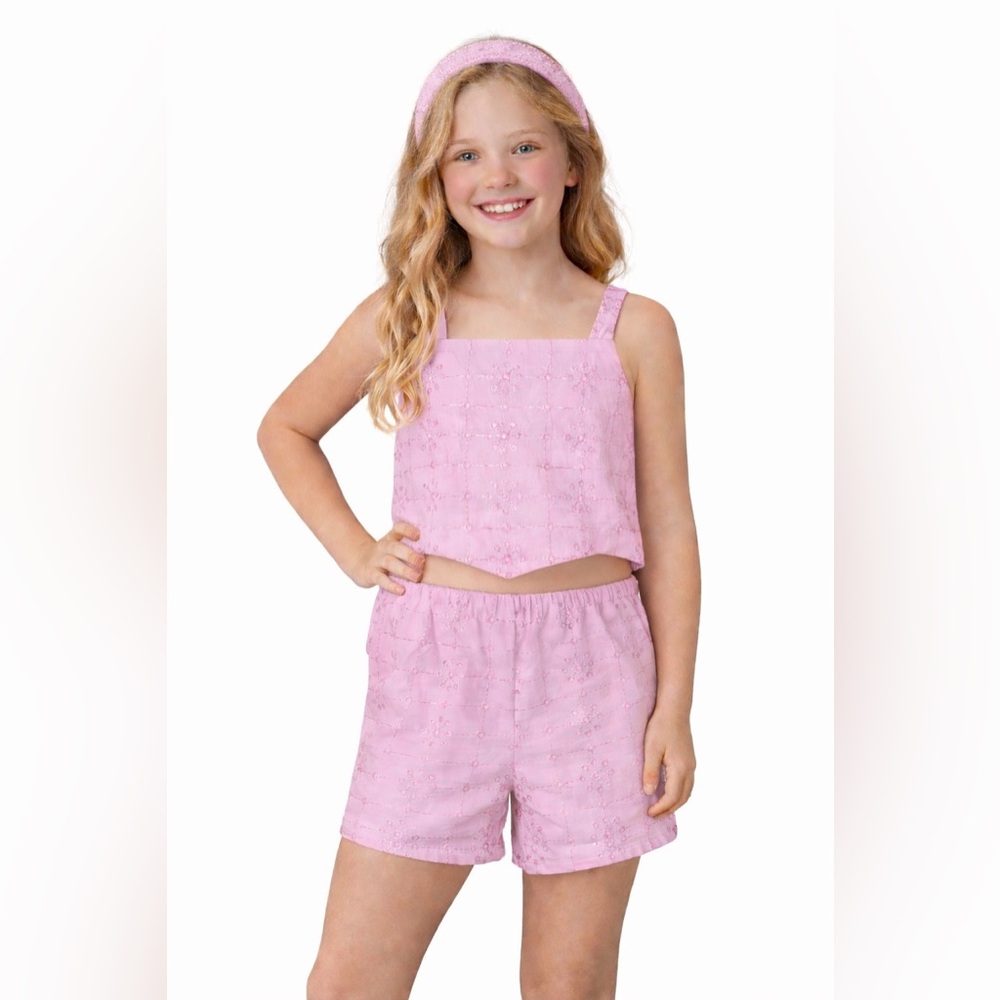 Btween Girls Pink Eyelet 3 Piece Shorts Set Top Headband Size 10